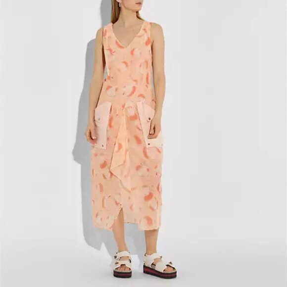 Coach Dresses & Skirts - Coach Apple Print V-Neck Cargo Pocket Midi Dress Blush Peach Size 0